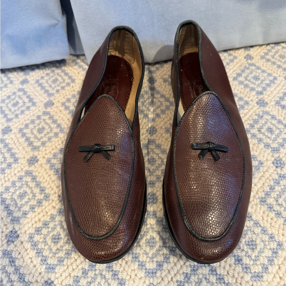 Belgian Shoe Brown Lizard Loafers with Black Trim